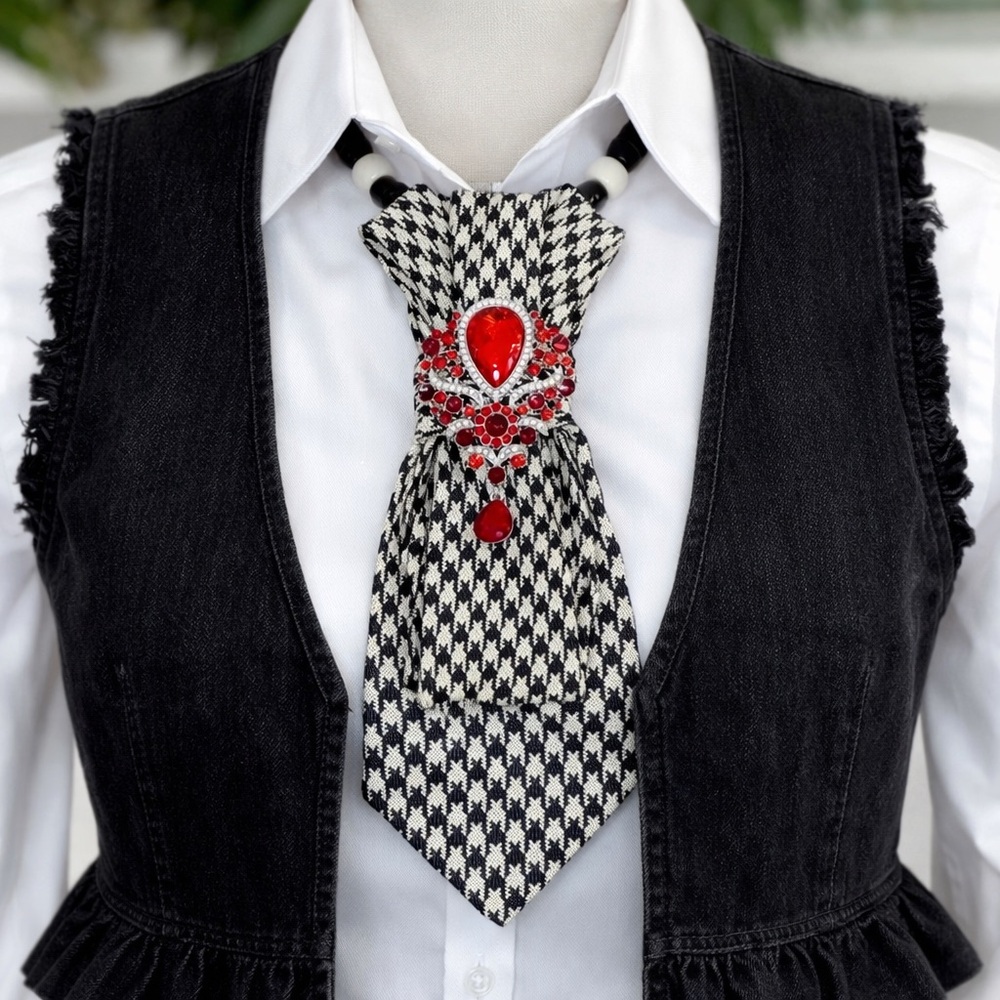 OOAK Black & White Tie Necklace with Brilliant Red Stone Brooch & Beaded Chain